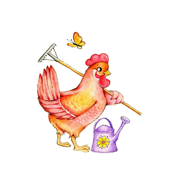 Hen with rakes and watering can — Stock Photo, Image