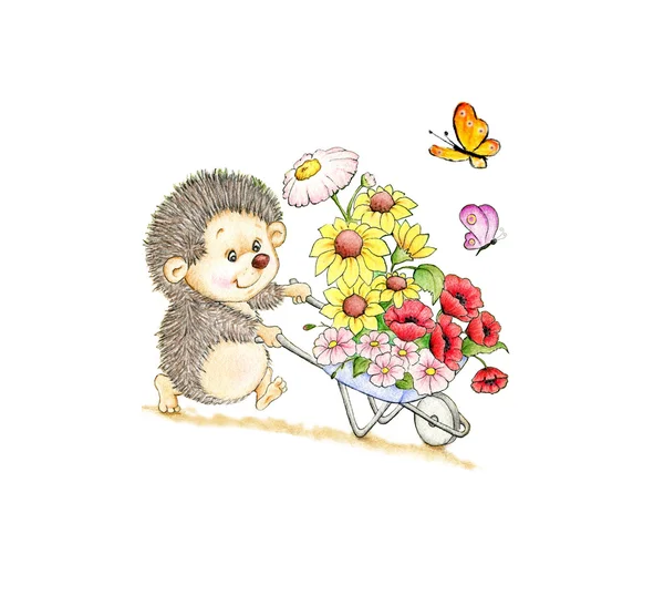 Cute hedgehog with flowers — Stock Photo, Image