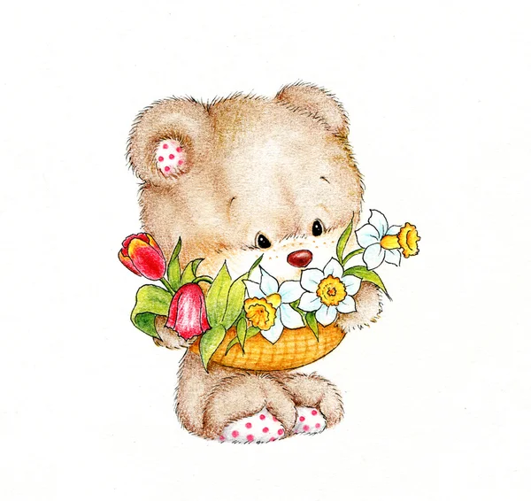 Teddy bear with flowers — Stock Photo, Image