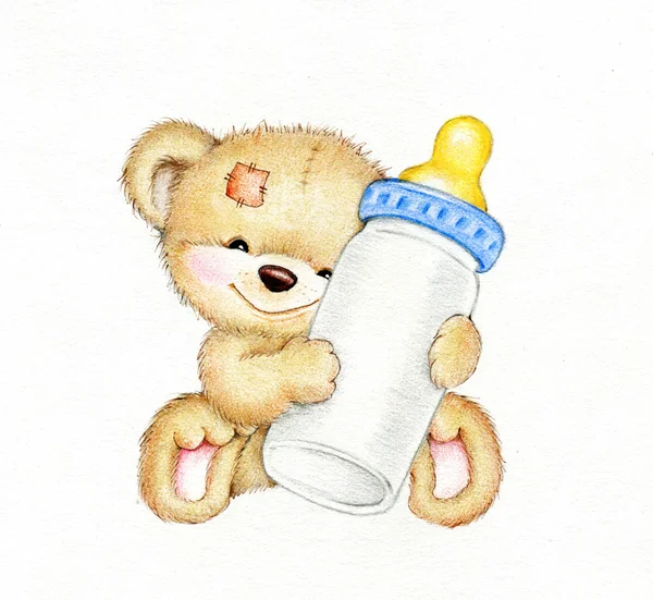 Teddy bear with bottle of milk — Stock Photo, Image