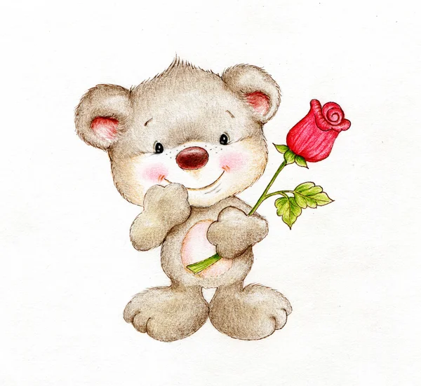 Niedlicher Teddybär mit Rose — Stockfoto