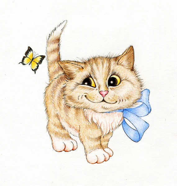 Kitten and yellow butterfly — Stock Photo, Image