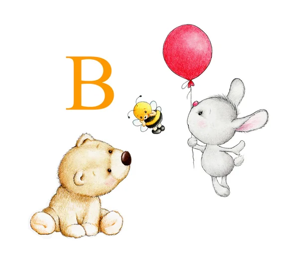 Літера B, ведмідь, бджола, кролик, повітряна куля — стокове фото