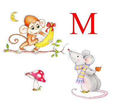 Harf M, maymun, fare, moon, mantar