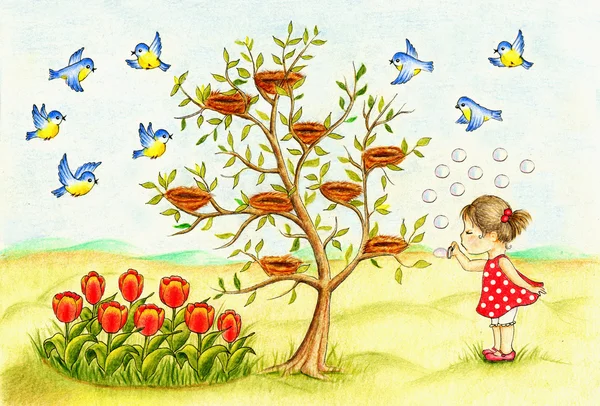 Kuşlar ve kız ile ağacı