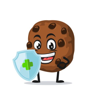 Korunmak için çikolata çipleri maskotu veya karakter koruma kalkanının vektör çizimi