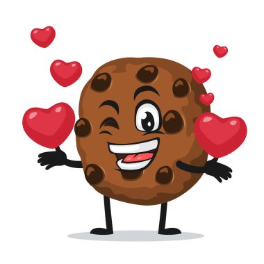Çikolata çipleri maskotu veya karakterinin vektör çizimi aşk sembolleri getiriyor