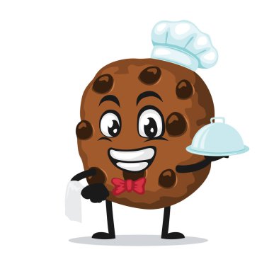 Şef şapkası takan ve yemek servisi yapan çikolata cipsi maskotu veya karakterinin vektör çizimi