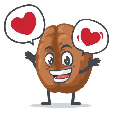 Kahve maskotunun veya karakterinin vektör çizimi baloncuk konuşmasında aşkla der ki: