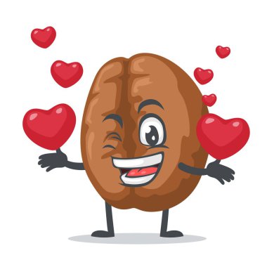 Kahve maskotu veya karakterinin vektör çizimi aşk sembolleri getirir