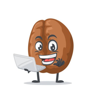 Kahve maskotunun vektör çizimi veya dizüstü bilgisayarlı karakter sunumu