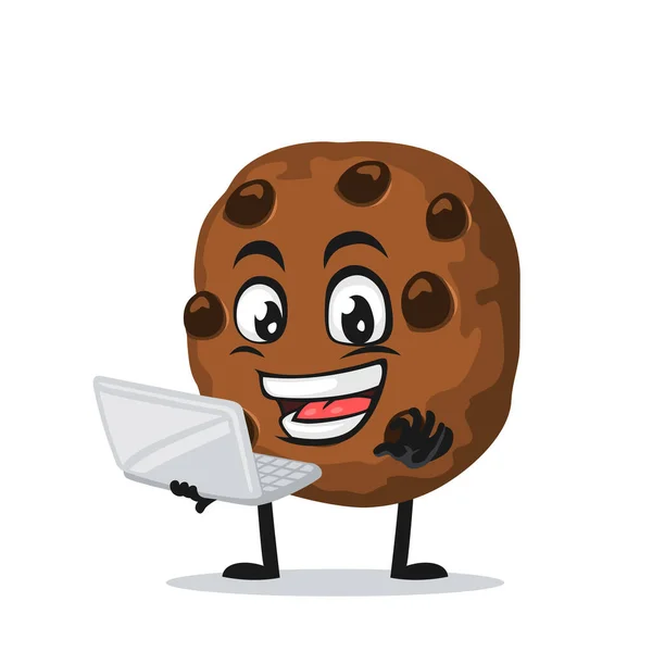 Illustrazione Vettoriale Mascotte Chocochips Presentazione Del Personaggio Con Laptop — Vettoriale Stock
