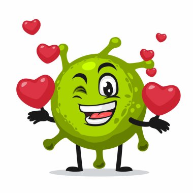 Corona maskotu veya karakterinin vektör illüstrasyonu aşk sembolleri getirir