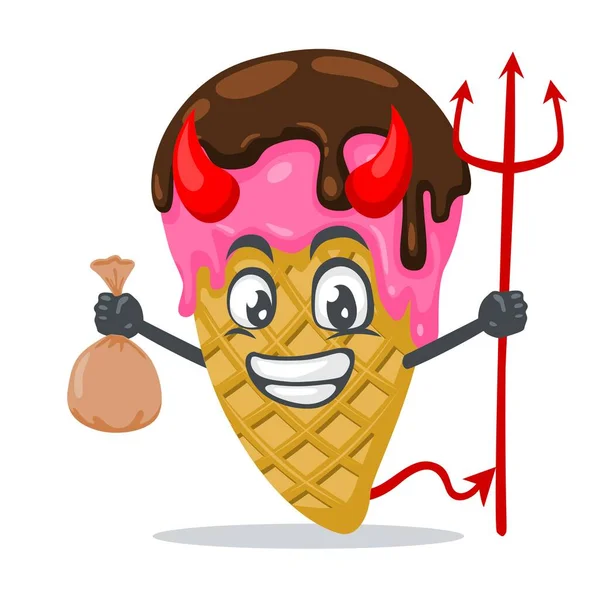 Векторная Иллюстрация Талисмана Мороженого Персонажа Костюме Дьявола Держащего Трезубец — стоковый вектор