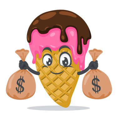 Dondurma maskotunun vektör çizimi ya da para çuvalları tutan karakter