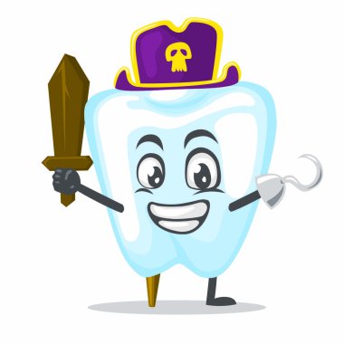 Korsan kostümü giyen ve tahta kılıç tutan dişçi maskotunun vektör çizimi