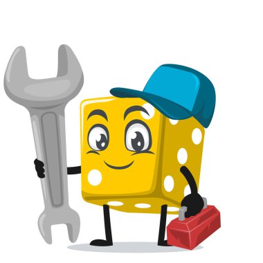 Servis kostümü giyen ve ingiliz anahtarı tutan zar maskotu veya karakterin vektör çizimi