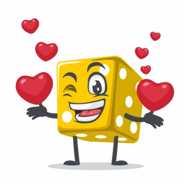 Zar maskotu veya karakterinin vektör çizimi aşk sembolleri getirir