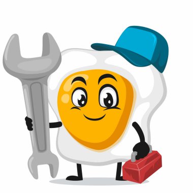 Servis kostümü giyen ve İngiliz anahtarı tutan kızarmış yumurta maskotu veya karakterinin vektör çizimi