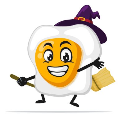 Kızarmış yumurta maskotu veya cadı kostümü giyen ve uçan süpürgeye binen karakterin vektör çizimi