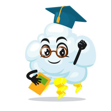 Gök gürültüsü bulutu maskotu veya karakter mezuniyet şapkası ve kitap tutmanın vektör çizimi