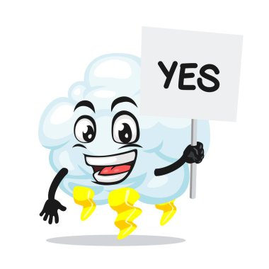 Gök gürültüsü bulutu maskotunun vektör çizimi veya karakter tutucu işareti evet diyor