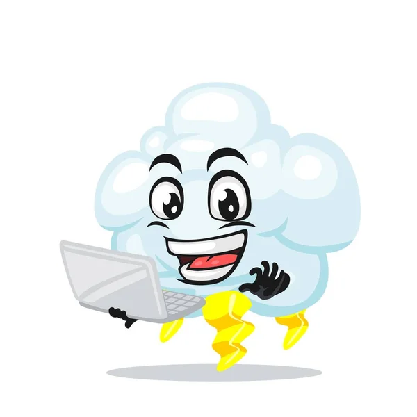 Illustration Vectorielle Mascotte Nuage Tonnerre Présentation Personnage Avec Ordinateur Portable — Image vectorielle