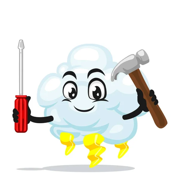 Vector Illustration Thunder Cloud Mascot Character Holding Hammer Screwdriver — Stock Vector