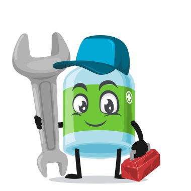 Servis kostümü giyen ve ingiliz anahtarı tutan tıp maskotu veya karakterinin vektör çizimi