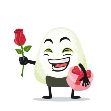 Onigiri maskotu veya karakterinin vektör illüstrasyonu Çiçek ver ve pembe hediyeyi tut