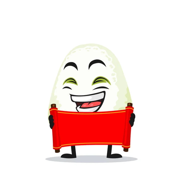 Ilustración Vectorial Mascota Onigiri Personaje Que Sostiene Pergamino Rojo Blanco — Vector de stock