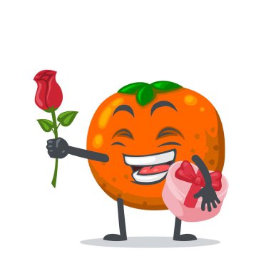 Maskot ya da portakal meyvesi karakterinin vektör çizimi çiçek verip pembe hediye tutuyor