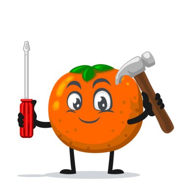 Çekiç ve tornavida tutan turuncu karakter veya maskotun vektör çizimi