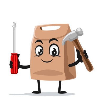 Kese kağıdı maskotu veya çekiç ve tornavida tutan karakter çizimi