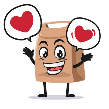 Kağıt çanta maskotu veya karakterinin vektör illüstrasyonuna göre balon konuşmasında aşk