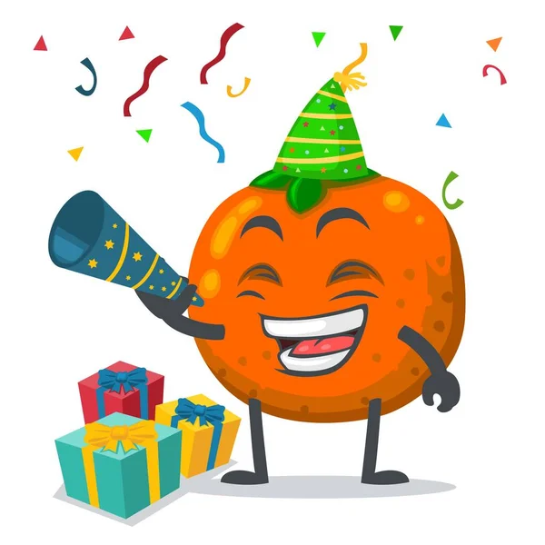 Vector Illustration Mascot Orange Fruit Character Celebrate New Year Party — Stock Vector