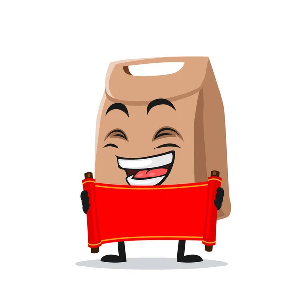 Ilustración Vectorial Mascota Bolsa Papel Personaje Que Sostiene Pergamino Rojo — Vector de stock