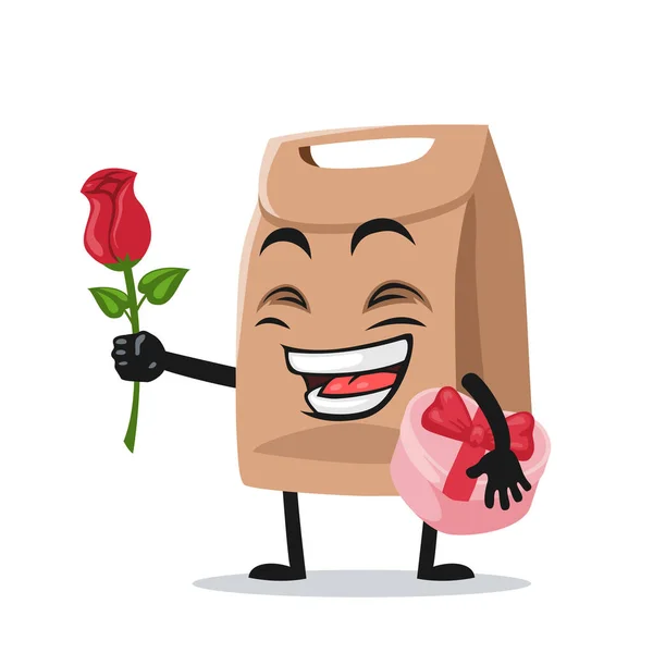 Διανυσματική Απεικόνιση Της Μασκότ Τσάντα Χαρτί Χαρακτήρα Δώσει Λουλούδι Και — Διανυσματικό Αρχείο