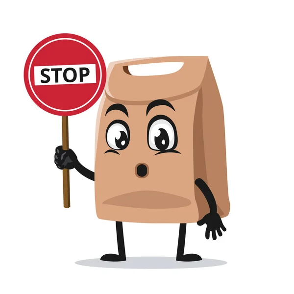 Vector Illustration Paper Bag Mascot Character Holding Sign Says Stop — Stock Vector