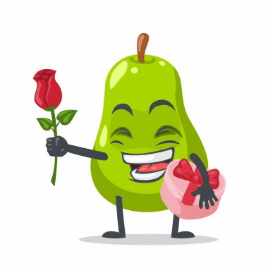 Armut maskotu veya par karakterin vektör çizimi Çiçek ver ve pembe hediyeyi tut