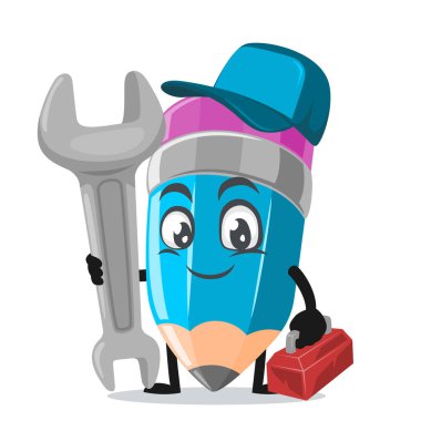 Servis kostümü giyen ve ingiliz anahtarı tutan maskot ya da kalem karakterinin vektör çizimi