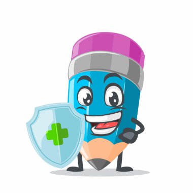 Korunmak için kalkanı tutan maskot ya da kalem karakterinin vektör çizimi