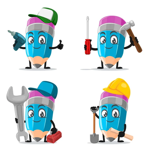 Vector Illustration Mascot Pencil Character Collection Set Service Repair Theme — Stock Vector