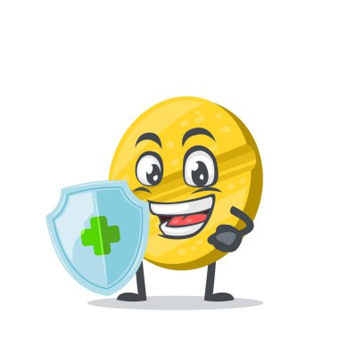 Korunmak için koruyucu kalkan taşıyan karakter veya hap maskotunun vektör çizimi