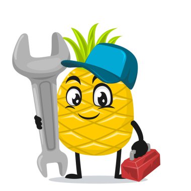 Servis kostümü giyen ve İngiliz anahtarı tutan ananas maskotu veya karakterin vektör çizimi