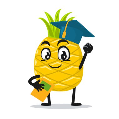 Ananas maskotunun vektör çizimi veya karakter mezuniyet şapkası ve kitap tutma