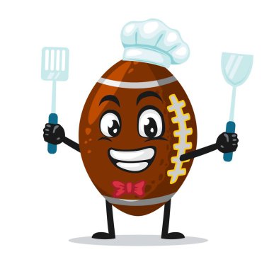 Rugby maskotu ya da şef şapkası takan ve elinde spatula tutan karakterin vektör çizimi