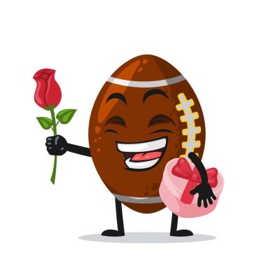 Rugby maskotu veya karakterinin vektör çizimi Çiçek ver ve pembe hediyeyi tut