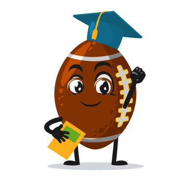 Rugby maskotu veya karakter mezuniyet şapkası ve kitap tutmanın temsilcisi.