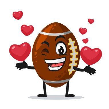 Rugby maskotu veya karakterinin vektör çizimi aşk sembolleri getirir